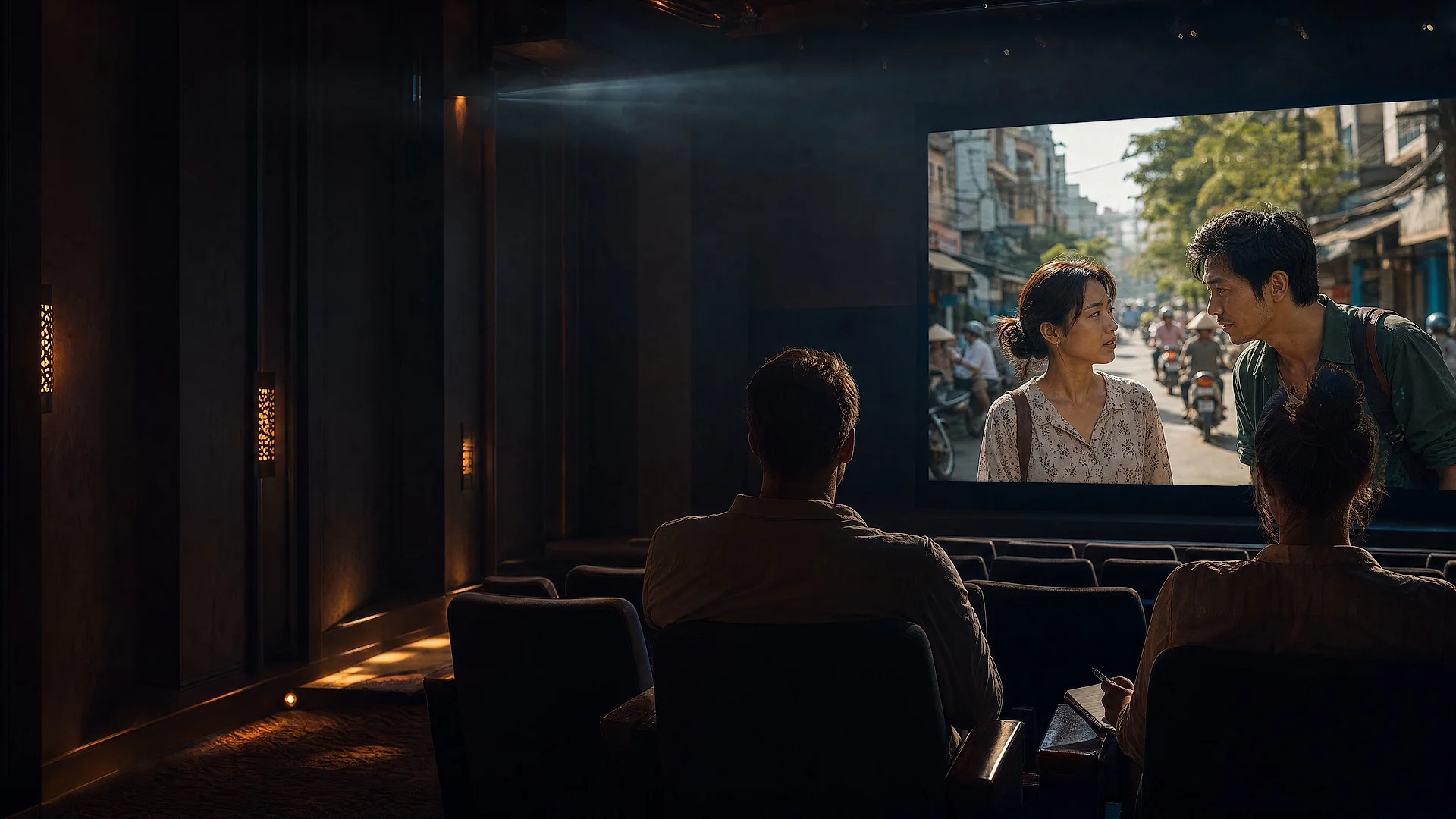 Two buyers seen from behind in a private screening room, watching a film scene of two people on a city street