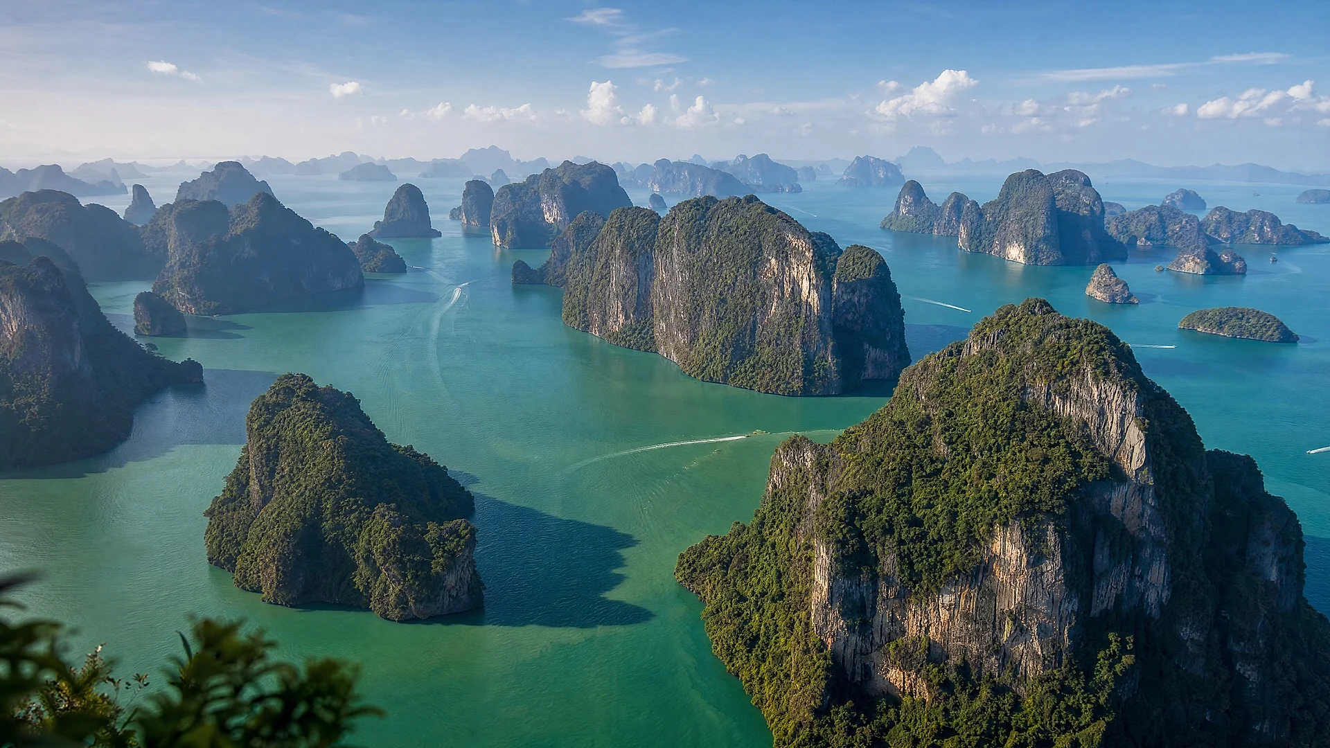 Aerial view of limestone karst towers in turquoise water, Phang Nga Bay