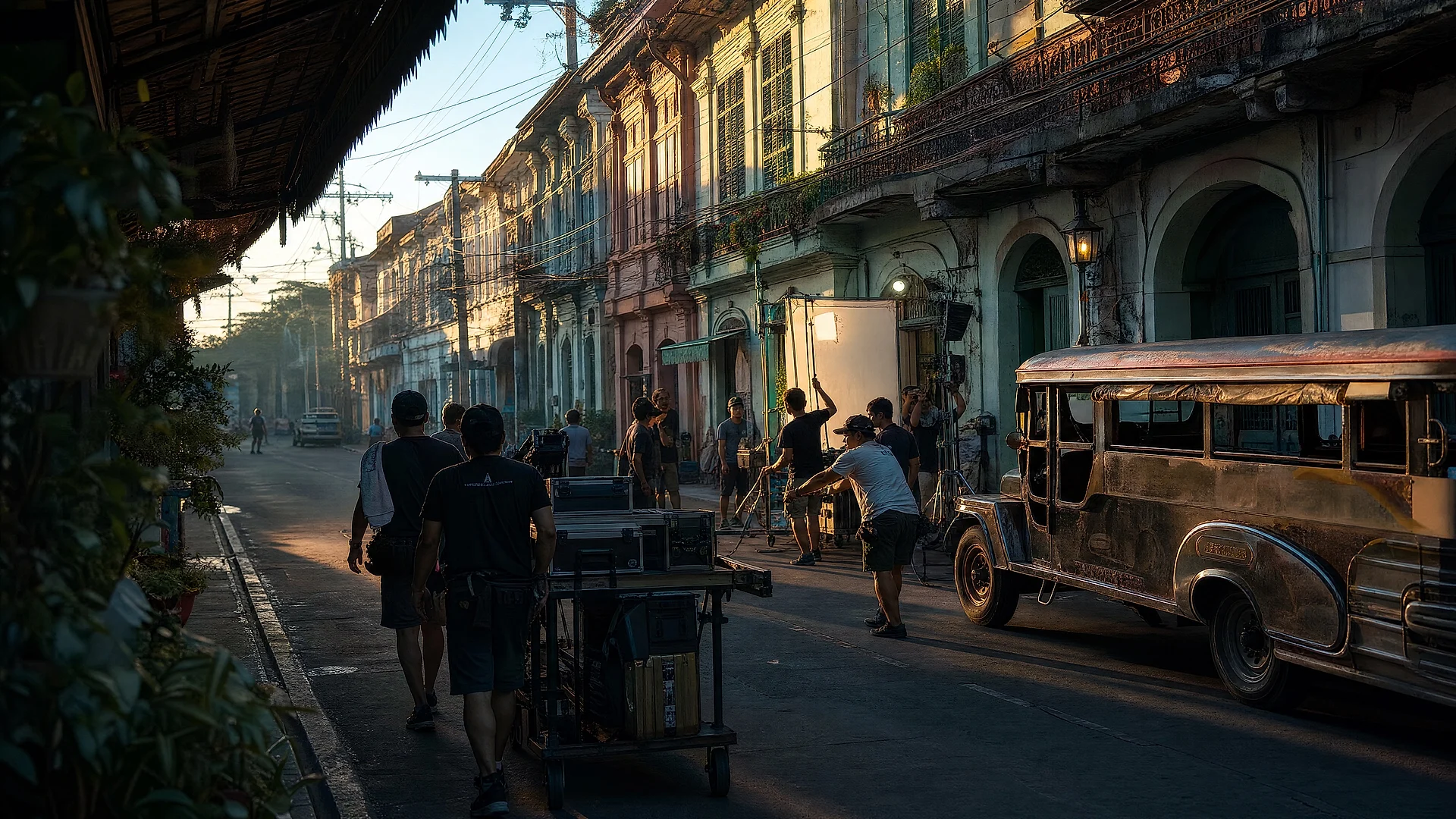 Camera crew setting up on a Manila street at dawn